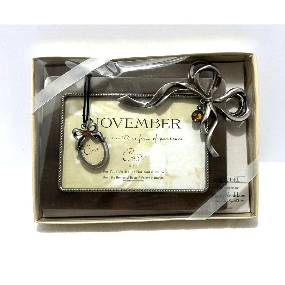 Carr November Birthstone Pewter Bow Picture Photo Frame & Pendant 4x6 Topaz